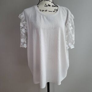 Alice Blue 3X white blouse crinkle textured fabric 3D floral sheer sleeves ruffl